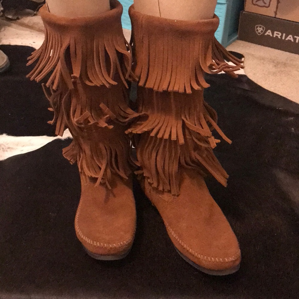 Minnetonka Three Layer Fringe Moccasin Boots